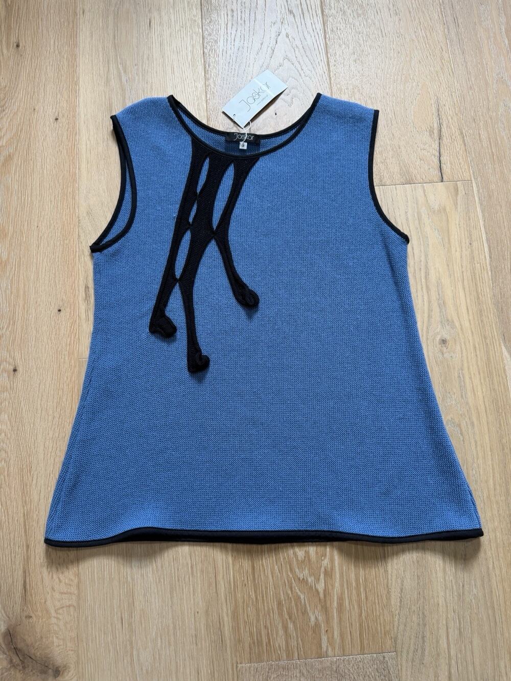 NWT JASKAR Women Boutique Art Top S Blue Black Asymmetrical Crew Neck Sleeveless